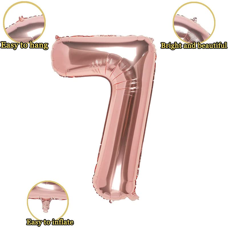 Image of Bubblebells Rose Gold 32 Inches 7 Numbers Shape Large Big Foil Helium Balloons for Party Decorations in Happy Birthday Anniversary Office Items Materials Set Pack