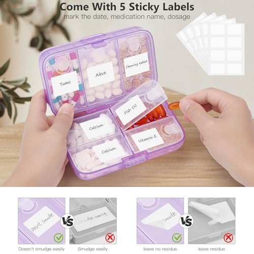 Image of FYY Weekly Pill Organizer with Labels,8 Compartments Travel Daily Pill Case Airtight Moistureproof Large Pill Box to Hold Vitamins, Fish Oil, Supplements,Cotton Swab and Bandages-Purple
