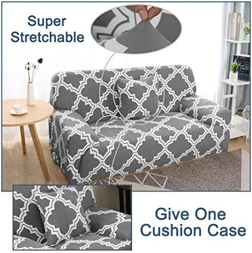sourcing map Printed Sofa Cover Stretch Couch Covers Universal Grid Pattern Slipcover Furniture for Living Room with One Free Pillow Case (Gray White, Medium)