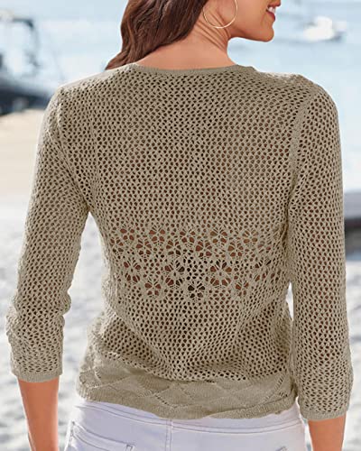 Nulibenna Womens Sheer Shrug Sweaters 3/4 Sleeve Open Front Tie Cardigan Bolero Jacket Lightweight Crochet Knit Cover Up Tops Khaki #TOP1