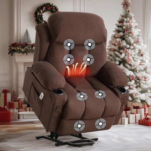 Image of BOSMILLER Power Lift Recliner Chair with Massage and Heat for Elderly, Electric Recliner Single Sofa with Two Cup Holders, Extended Footrest, Side Pocket and USB Charge Port for Living Room