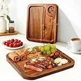 Acacia Wood Steak Plates,Carnivore Cutting Board for Eating, Carved Meat Wooden Plate, Food Serving Tray,Cheese Charcuterie Board with Deep Grooves & Hidden Handles
