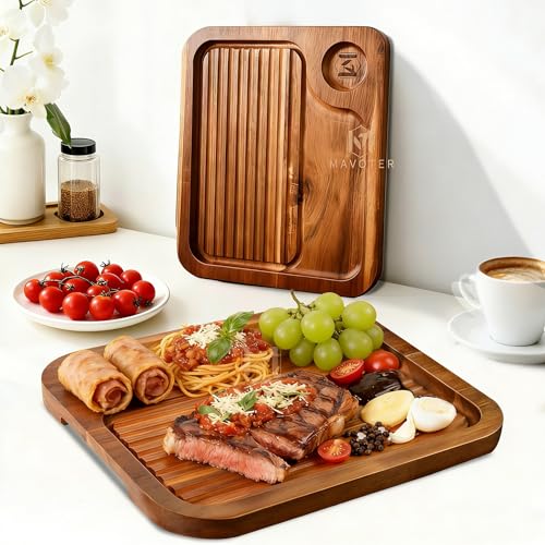 Acacia Wood Steak Plates,Carnivore Cutting Board for Eating, Carved Meat Wooden Plate, Food Serving Tray,Cheese Charcuterie Board with Deep Grooves & Hidden Handles