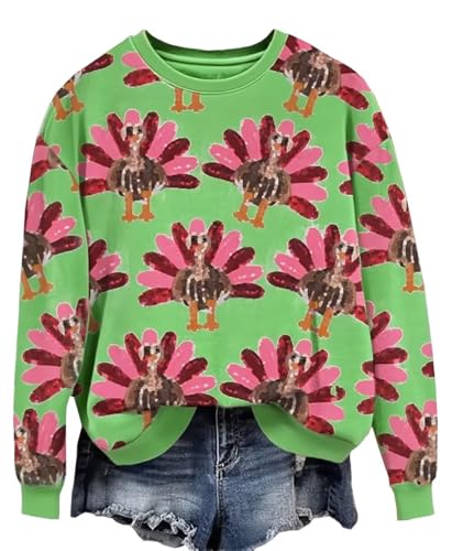 AIMITAG Thanksgiving Sweatshirts for Women Gobble Turkey Graphic Long Sleeve Shirt Crew Neck Thankful Pullover Tops(XX-Large Green1)