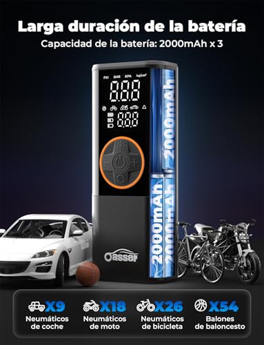 Miniatura 4 de Oasser Compresor Aire Portatil 6000mah 150psi Inflador Ruedas Coche Pequeño Pantalla Lcd Doble Visualización Cable Encendedor 3m Parada Automática Bolsa Almacenamiento Para Coche Moto Bicicleta Bola