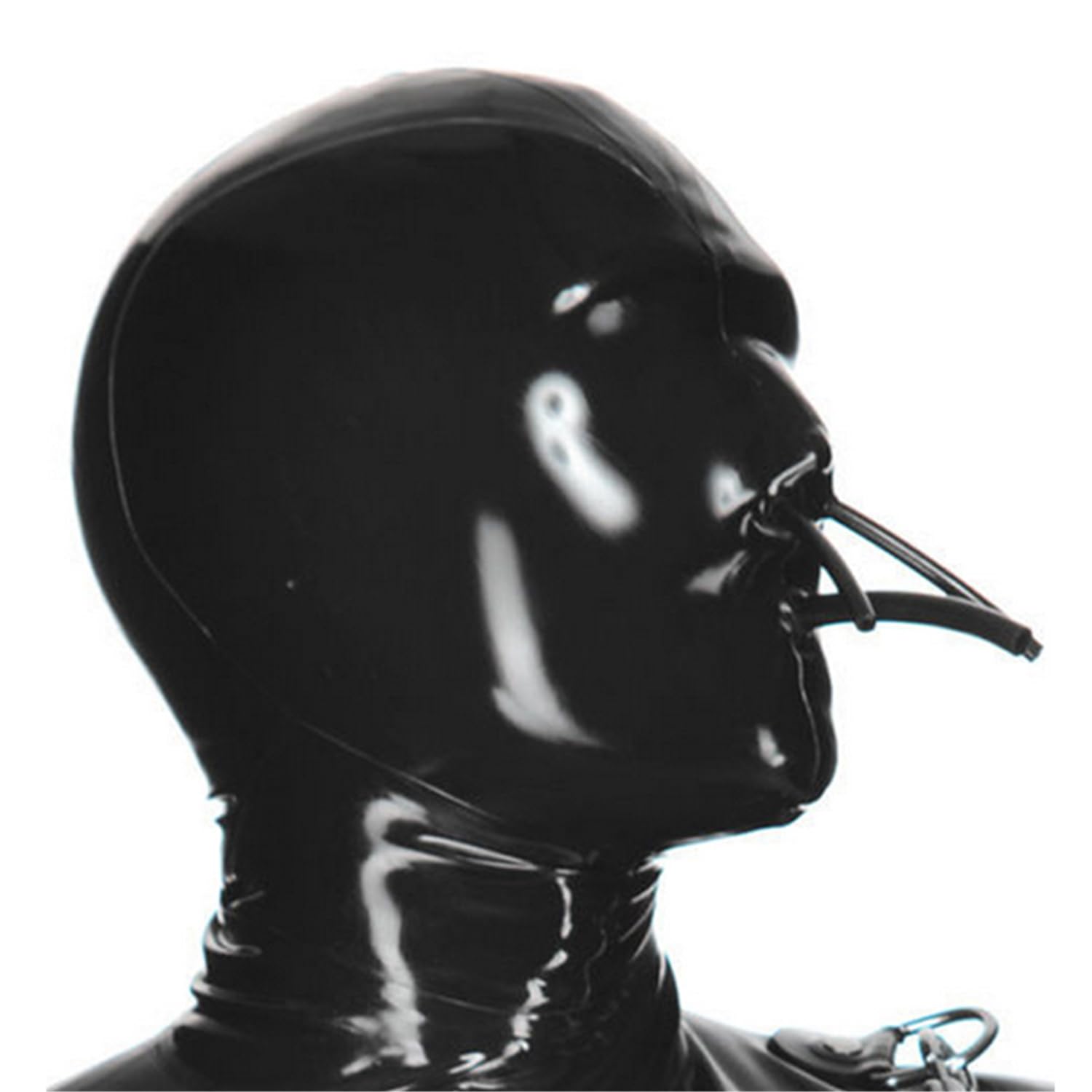 SecondSkin Black Latex Hood with Movable Mouth Nose Tubes Back Zipper Rubber Mask Club Party Wear (Medium)