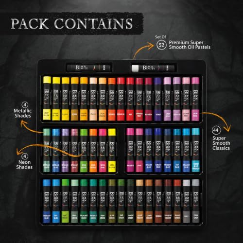 Image of Black Beauty Oil Pastels 52 Shades Set | 44 Classic, 4 Neon & 4 Metallic Colours | Super Smooth Pastels for Drawing, Blending, Shading & Layering | Art Supplies for Kids & Artists