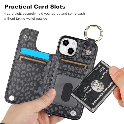 Image of HAOPINSH for iPhone 13 iPhone 14 Wallet Case with Card Holder, Black Leopard Cheetah Print Back Flip Folio PU Leather Kickstand Card Slots Case, Finger Grip Ring Double Magnetic Clasp 6.1 inch