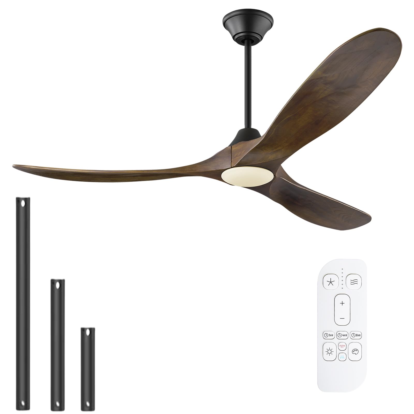 Ventilador de techo para exteriores de 152cm con luz, ventilador de techo de madera vintage con control remoto, ventilador de techo de hélice de 3 aspas, apto para uso en interiores y exteriores