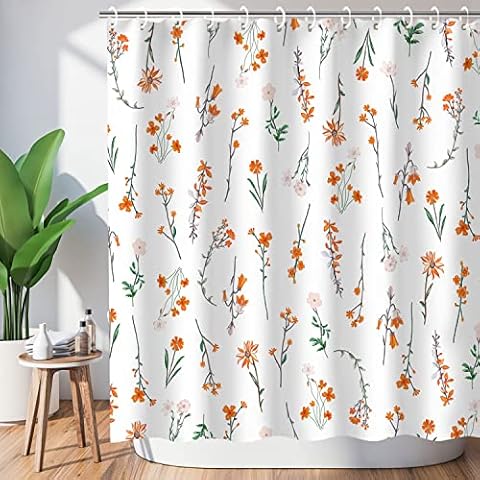 LIVILAN Floral Shower Curtain, Orange Shower Curtain, Flower Shower Curtain, Plant Shower Curtains Set with 12 Hooks, Watercolor Bathroom Decor, 72"x72" Cover