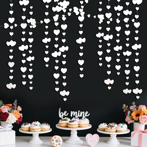Image of 52Ft Valentines Day Party Decorations White Heart Garland White Love Heart Hanging Paper Streamer Banner for Wedding Anniversary Bridal Shower Engagement Mothers Day Bachelorette Winter Party Supplies