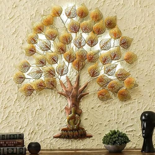 Image of Bharat Art Metal Iron Wall Art Decor for Home Bedroom Living room Cafe Interior Decorative | Elegant Wall Hanging Sculpture with LED Light | Gift Item | GOLDEN BUDHA TREE | 40x2x48 INCH | W041(A)
