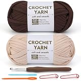 SHWAKK 2 Pack T-Shirt Yarn, Beige and Coffee Brown Crochet T Shirt Yarn for Crochet Bag/Baskets with Crochet Hook, Elastic Thick Tshirt Yarn Kit for Crocheting, Ribbon Cotton Yarn, Knitting Ball