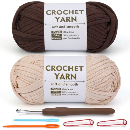 Image of SHWAKK 2 Pack T-Shirt Yarn, Beige, Coffee Brown Crochet Yarn for Crocheting