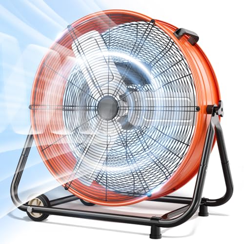 Image of LifePlus 30 inch Industrial Drum Fan, 14000 CFM High Velocity 3-Speed Heavy Duty Metal Air Circulator with 360 Tilt, Casters Handle for Warehouse Factory workshops Patios Garage, Orange