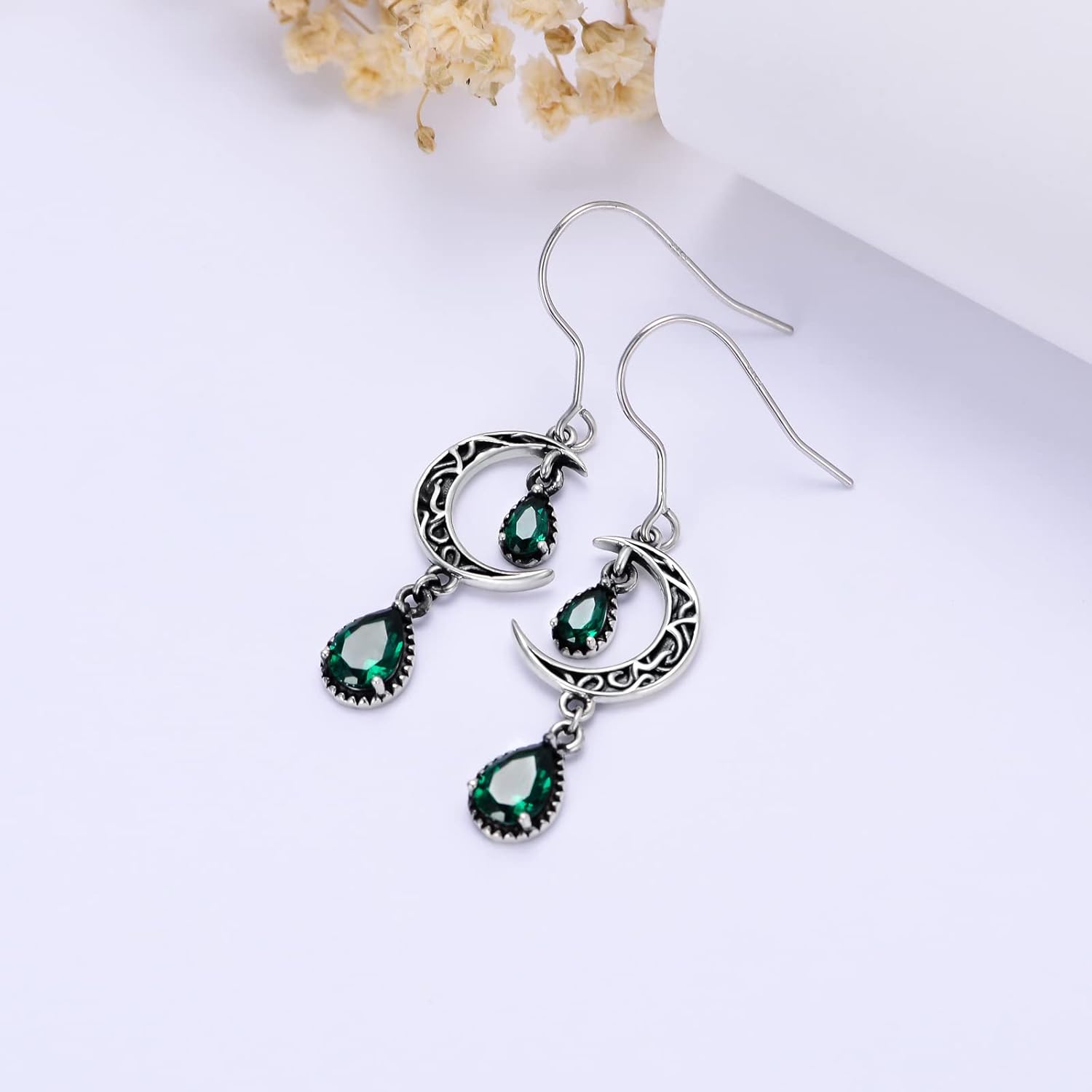 VONALA Moon Earrings for Women 925 Sterling Silver Celtic Moon Dangle Drop Earrings Emerald / Amethyst / Ruby / Sapphire/ Pink / Peridot / Aquamarine / Citrine / Black / Rainbow Topaz Dangling Earrings Celtic Jewelry Gifts for Women - Image 4
