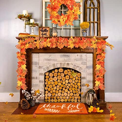 SelfTek 2 Pack Autumn Garland Artificial Maple Leaf Garland Autumn Fall Decorations Maple Leave Hanging Vines for Home Garden Fireplace Decor Wedding Halloween Party Thanksgiving Day