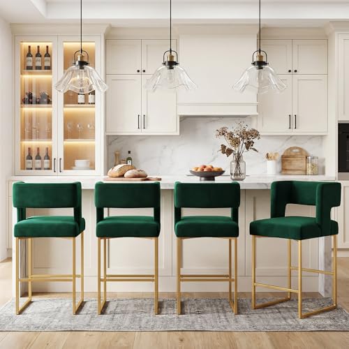 Image of Counter Height Bar Stools Set of 4, Green Velvet Bar Chair Gold Leg