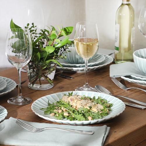 Image of Gibson Elite Peach Orchard 12-Piece New Bone China Dinnerware Set Service for 4, Embossed Fluted Plates and Bowls, Dishwasher and Microwave Safe, Aqua Blue