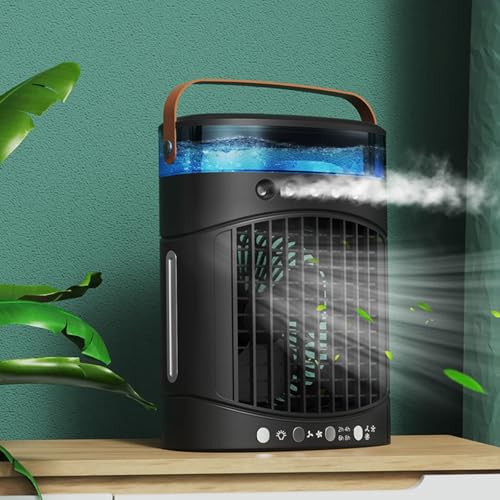 KtEli Ventilador de torre, ventilador de escritorio oscilante portátil con 3 velocidades, ventilador de nebulización con tanque de 600 ml, ventilador de escritorio sin aspas, luz de 7 colores, función