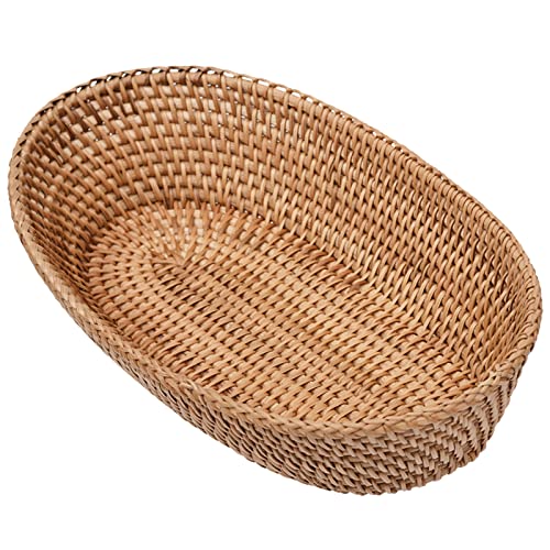 Image of i-lan Large Size Handmand Oval Bread Serving Basket, Natural Rattan Fruit Bowl, Coffee Table Tray for Food Storage, Snack, Vegetable, Honey Brown （L: 12.5")