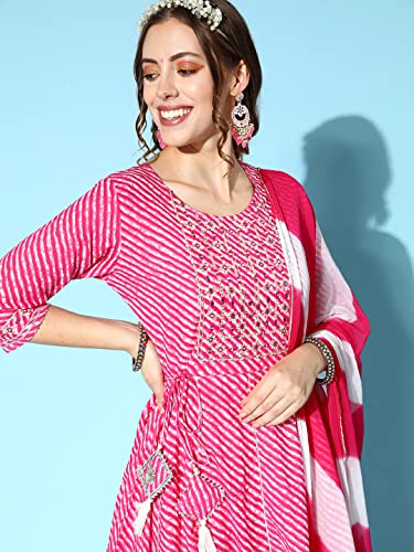 Image of ishin Women's Pink & White Embroidered Anarkali Kurta set with Trouser & Dupatta