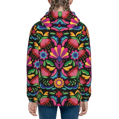 Colorful Floral Embroidery Mexican Kids Pullover Hoodies Boys Zip Up Sweatshirts Girls Athletic Clothes with Pocket 5