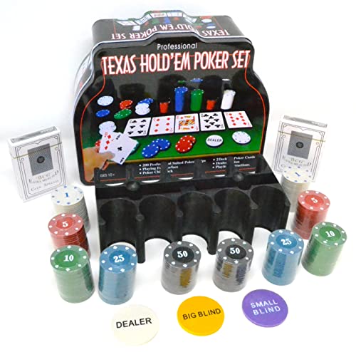 BETTER WITH FRIENDS Komplettes Poker-Team, 100 Poker-Chips (Texas Hold’em’ Poker) 2 Packungen Naipes mit Matte 1e 5e 10e 25e und Crupier-Chips in Metallbox, professionelle Erwachsene