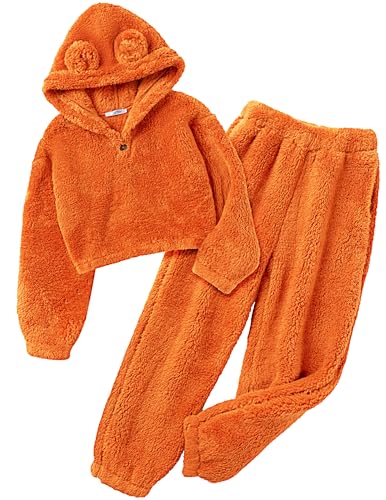 Image of Arshiner Girls 2 Piece Outfits Sweatsuit Fuzzy Long Sleeve Bear Ear Hoodie Sweatshirt and Sweatpant Kids Clothing Sets