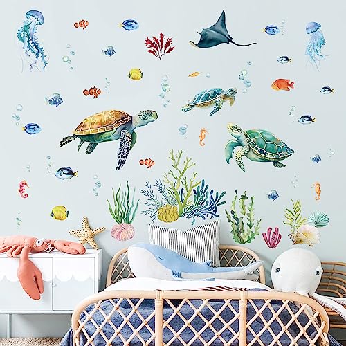decalmile Stickers Muraux Sous la Mer Tortue Autocollant Mural Algues Poisson Océan Marine Coin Plinthe Décoration Murale Chambre Enfants Bébé Pépinière...