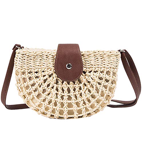 Wright Bolsos de Paja de Forma Redonda Bolso de Ratán para el Bolso Tejido Bolso de la Paja del Embrague Bohemia Cross Cross Body para Mujer, Niña (Beige)