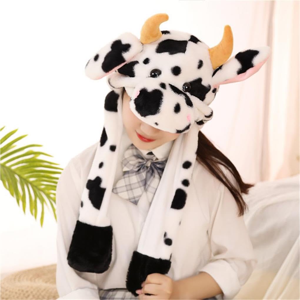 Bonito sombrero de animales con orejas móviles, vaca lechera, correa de felpa Kawaii, juguetes divertidos, accesorios para fotos, niñas, esquí, ganado marrón