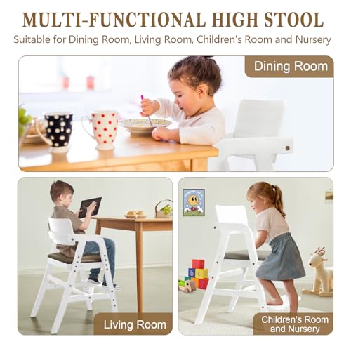 Image of Solid Wood High Chair for Toddlers to Teens, Adjustable Height Toddler Dining Chair, Easy to Clean Toddler Highchair with Removable Soft Cushion for Dining, Studying, Step Stool, White