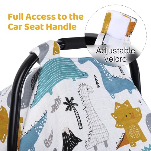 Rquite Car Seat Cover Baby, Carseat Covers Baby for Girl Boy, Muslin Cotton Infant Car Seat Cover, Lightweight Car Seat Canopy, Breathable Baby Carrier Cover, Summer Stroller Sun Shade, Dinosaurs
