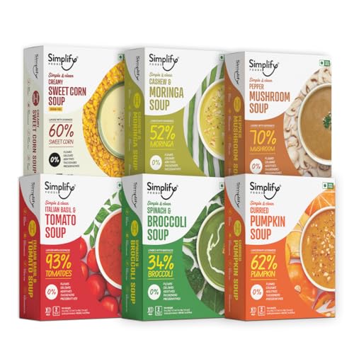 Image of Simplify Foods Instant Soup | Soup-er 6 Pack | 6 Soups-12 Single-Serve Sachets (Each Makes ~125 ml) | Made with Real Ingredients | Just Add Hot Water | Office-Friendly | On-The-Go| Clean Label | 0% Additives or Preservatives