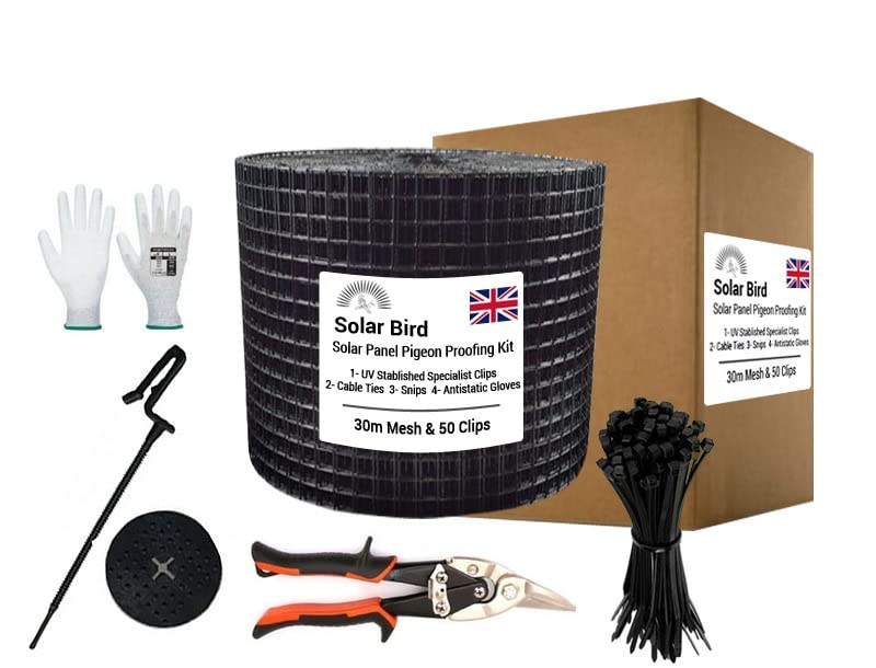 SOLAR BIRD Pigeon Proofing Mesh Clip Kit Bird Deterrent Nesting solar Panels (Black PVC 30m + 50 clips)