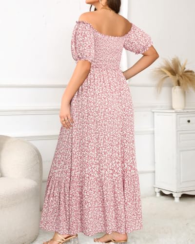 Plus Size Sun Dresses Women - Summer Off The Shoulder Puff Sleeve A Line Boho Maxi Flow Long Dress 20254