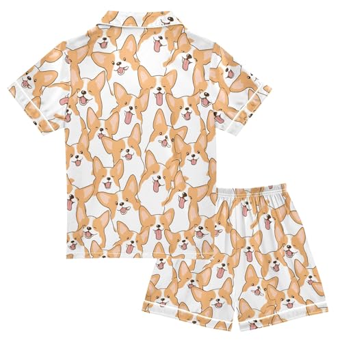 Corgi Dogs Pattern Summer Satin Pajama Set, Cute Button-Down Sleepwear Pj Set for Sleep Wears2