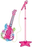 Guitarra e Microfone Infantil com Pedestal ATENTU – Brinquedo Musical com Luz e Som, Conexão para Celular e Altura Ajustável | Kit Karaokê Educativo | Cor: Rosa