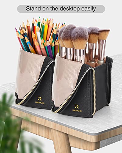 Makeup Brush Case Travel Makeup Brush Holder Portable Makeup Brush Bag Professional Cosmetic Bag Artist Storage Bag Essentials Stand-Up Foldable Makeup Cup (Black Leather, A-Large) #TOP2