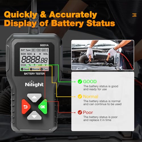 Image of Nilight Car Battery Tester 6V 12V 24V Accurate Digital Auto Analyzer 100-2000 CCA Voltage SOH SOC Internal Resistance Test for Cars Trucks SUV ATV Boats Motorcycles Vehicle