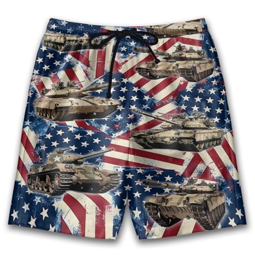 Military Tank Mens Swim Trunks - US Guard Hawaiian Mens Shorts Casual Summer Drawstring Beachwear Shorts PA78