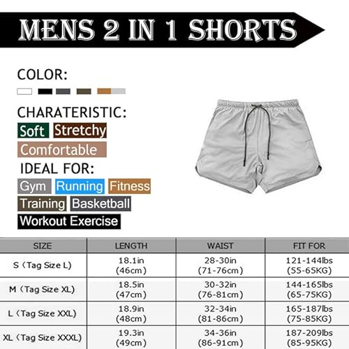 Hanerdun Men 2 In 1 Workout Running Athletic Shorts Sport Pants With Pocket Light Gray #TOP6