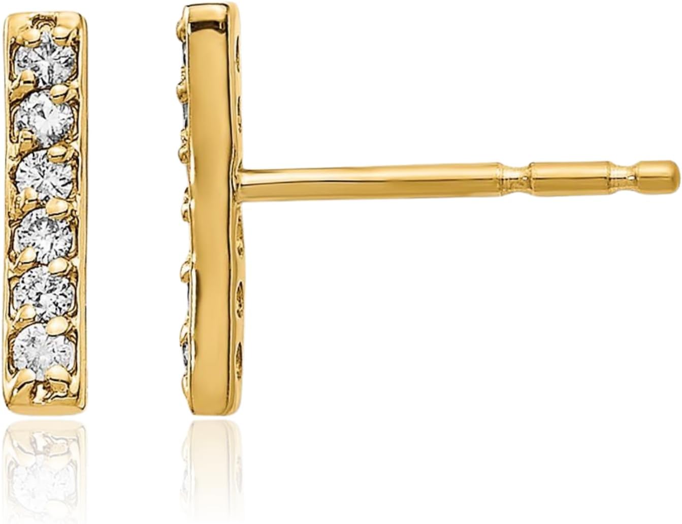 IceCarats 14K Solid Yellow Gold 0.10 carat Diamond Large Bar Stud Earrings 9.5mm 3/8 inch Round Cut, Natural, Prong Set, Butterfly Back For Her