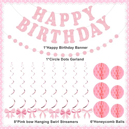 Image of Pink Bow Birthday Party Decorations Pink Glittery Happy Birthday Banner Garland Bow Hanging Swirls and Honeycomb Balls Coquette Birthdays Decor for Women Girls Birthdays Party Supplies