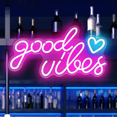 Good Vibes Letrero De Neón, Letreros De Neón LED, Neon Sign, Luz De Decoración Con Forma De Letrero De Neón LED, 5 V, USB, Con Interruptor Regulable, Con Dos Cadenas, Habitación, Boda (Rosa)