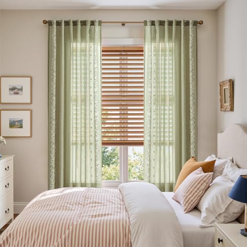 Image of jinchan Winslow Sheer Curtains 96 Inch for Bedroom Living Room Embroidered Bordered Floral Nursery Curtains for Boy's Room Light Filtering Window Treatments, Ivory on Sage, 2 Panels, 50 inch x 96 inch