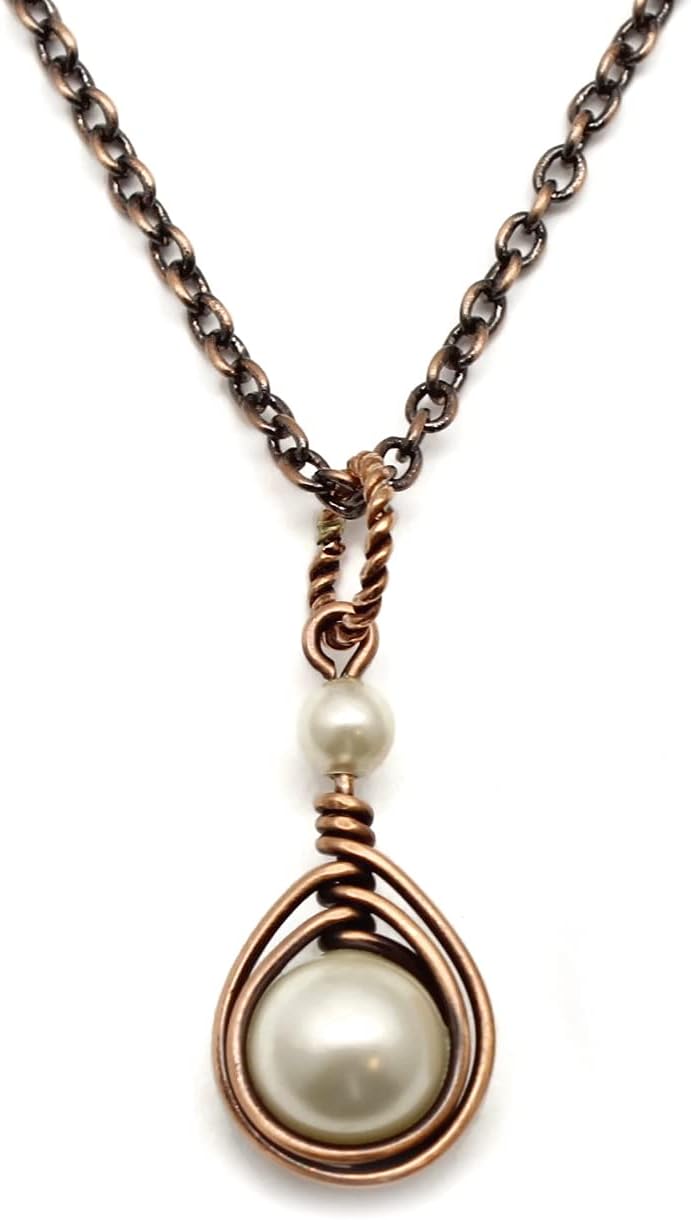 Pillar of Salt Studio Handcrafted Simulated Pearl Small 1" Pendant Copper Wire Wrapped Necklace (Cream, 18" Chain)