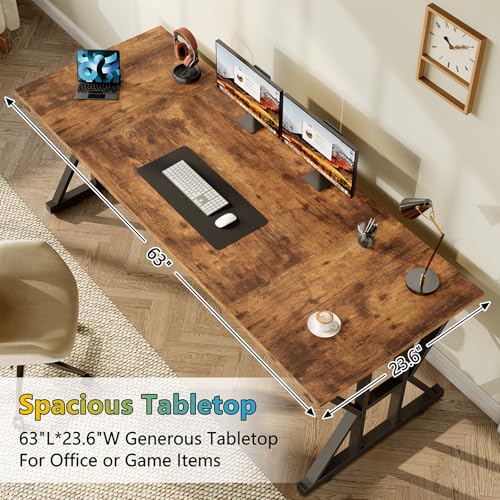 Image of 63 inch Large Computer Desk with Thickened Frame for Home Office, Living Room | Modern Simple Executive Desk, Larger Gaming Desk with X-Shaped ReInchforcement, Rustic Brown