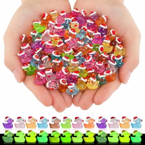 Diinokiy Christmas Mini Resin Ducks Luminous Miniature Xmas Hat Animals